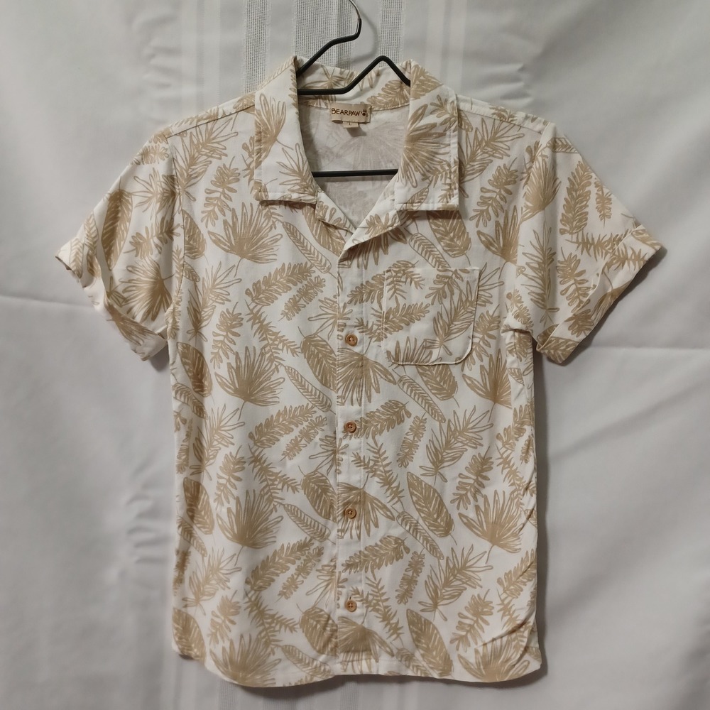 Bearpaw Button Down Shirt Mens L Cream Tropical Leaf Rayon Linen RA9964-250-9PB